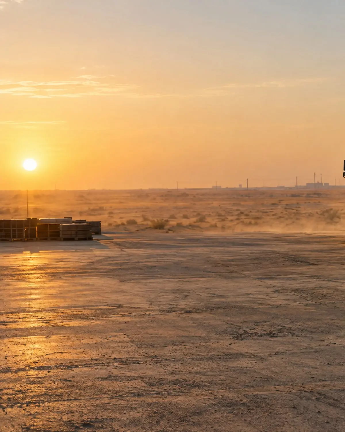 شاحنة حاويات عند رصيف تحميل مستودع وعاملان يوجّهان التفريغ عند الغروب (صورة مؤقتة مولّدة بالذكاء الاصطناعي)